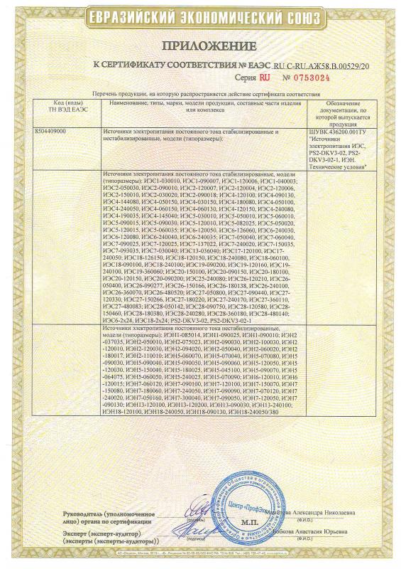 Приложение к сертификату соответствия (Источники электропитания ИЭС, ИЭН)